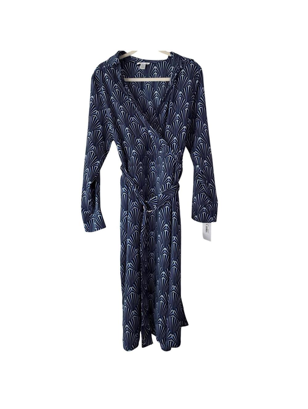 London Times Blue Geometric Wrap Midi Dress Long Sleeve NWT 16 - Picture 2 of 9